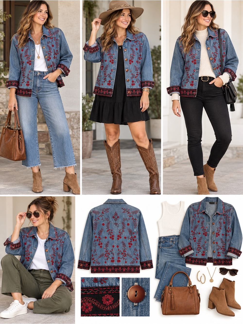 Embroidered Blue Denim Jacket with Red Floral Accents